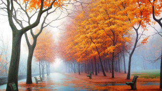 Park benches trees fall colors 5 - an oil painting free wallpaper