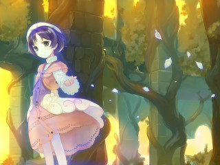Pink dress girl forest yellow - a tree stump in a forest free wallpaper