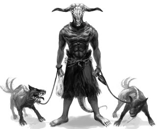 Horned man with two dogs - a leash free wallpaper