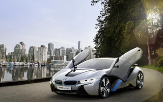 Futuristic car lake city skyline - future free wallpaper