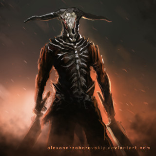Demonic horned demon huge head - his hands in his pockets free wallpaper