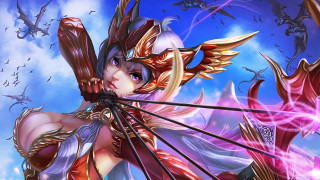 Woman bow arrows sky birds - overhead free wallpaper