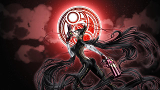 Woman long hair holding gun - a red light behind her free wallpaper