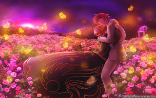 Man woman kissing field flowers - butterfly free wallpaper