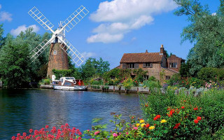 Boat river windmill houses flowers 2 - beautiful landscape free wallpaper