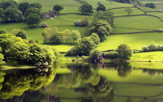 Lake surrounded lush green hills 2 - impressionist free wallpaper