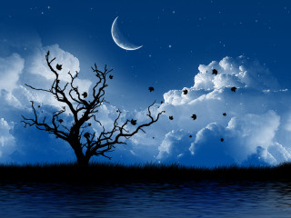 Bare tree crescent moon cloudy - gothic free wallpaper for desktop