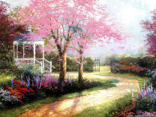 Gazebo garden blooming flowers trees - a pointillism painting free wallpaper