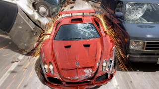 Red sports car smashed city - other car behind free wallpaper