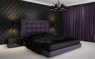 Purple headboard black bed black - a bedroom free wallpaper