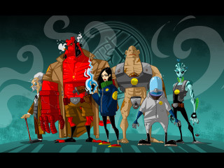Cartoon characters group blue background 7 - a dragon and a demon free wallpaper