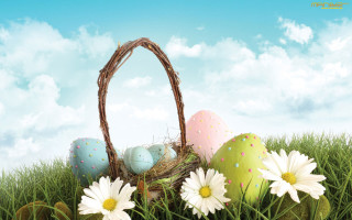 Basket eggs daisies grass blue - a basket free wallpaper