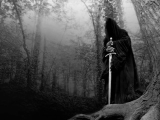 Grim hooded figure forest sword - dark fantasy art free wallpaper
