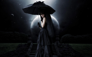 Woman black dress umbrella moon - grass and bushes free wallpaper