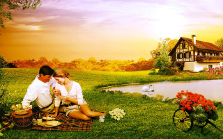 Couple blanket lake house background - a couple sitting free wallpaper