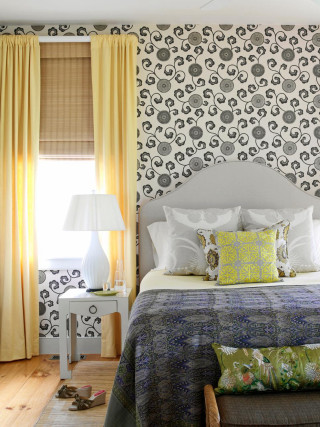 Bedroom yellow curtains white headboard - a white headboard free wallpaper
