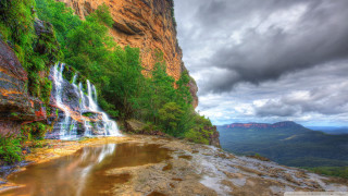 Waterfall mountains cloudy sky cascading - arthur quartley free wallpaper