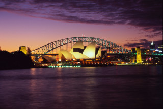 Bridge water building night purple - elizabeth durack free wallpaper