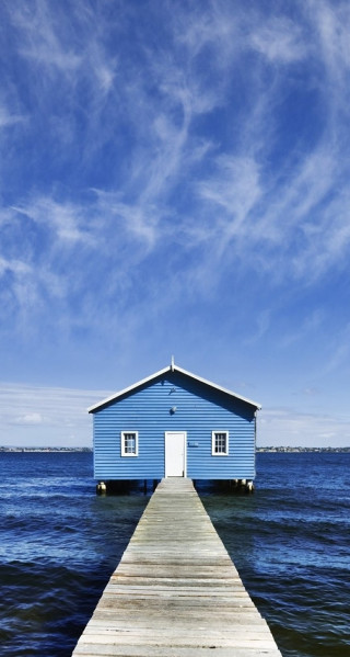 Blue house wooden pier ocean - the ocean free wallpaper