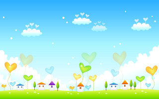 Green field hearts flying houses - chiho aoshima free wallpaper