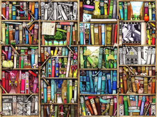 Book shelf cityscape fantasy architecture - a storybook illustration free wallpaper for desktop