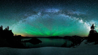 Green blue aurora lake mountains - a matte painting free wallpaper