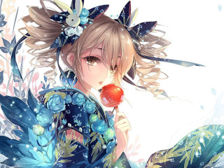 Woman blue dress apple flower - her hand and a flower free wallpaper