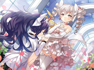 Anime characters hugging garden flowers - a white dress free wallpaper
