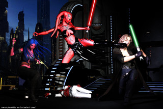 Women costumes lightsabers city nighttime - costume free wallpaper