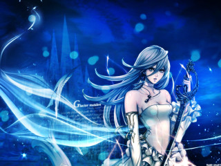 Woman sword dress dark blue - a building in the background free wallpaper