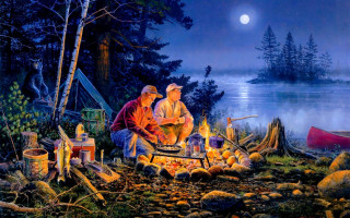 Campfire men sitting boat background - a painting free wallpaper