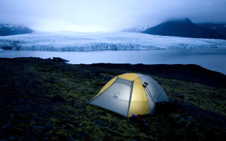 Tent grassy hill glacier lake - allan linder free wallpaper