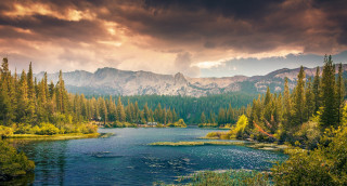 River trees mountains cloudy sky 2 - tree and mountains under a cloudy sky free wallpaper