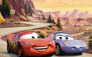 Cartoon cars driving road mountains - excessivism free wallpaper