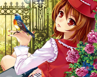 Girl red dress bird hand - magic realism free wallpaper for desktop