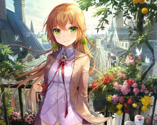 Woman green eyes balcony flowers - green eye free wallpaper