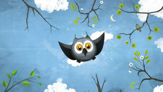 Owl flying moon trees leaves - pop surrealism free wallpaper