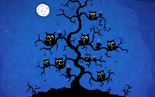 Tree owls moon background blue - pop surrealism free wallpaper
