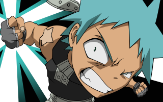 Cartoon character blue hair sword - a black shirt free wallpaper