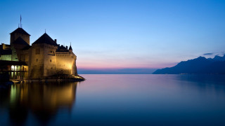 Castle lake mountain dusk blue - florianne becker free wallpaper