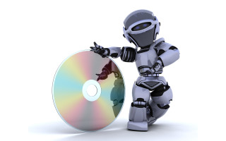 Robot holding cd pointing hand - a hand free wallpaper