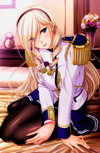Woman uniform sitting bed legs - a flower in the background free wallpaper