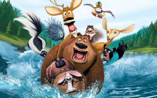 Cartoon bear animals water trees - the background and a bird free wallpaper