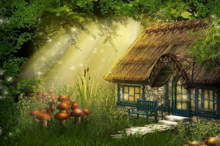 Cottage forest mushrooms grass trees - beatrix potter free wallpaper