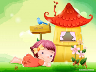 Girl laying ground house welcome - the ground in front free wallpaper