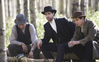 Three men sitting log woods 2 - chica macnab free wallpaper