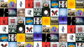 Collage album covers woman man - geometric shape free wallpaper