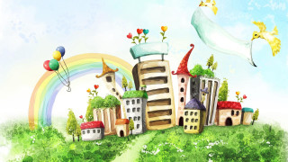 City rainbow bird flying kite - naive free wallpaper