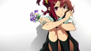 Woman red hair holding flower - a flower free wallpaper