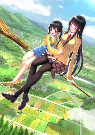 Anime girls swing green landscape - a storybook illustration free wallpaper